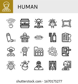 Set of human icons. Such as Clerk, Love, Artificial light, Knowledge, Listening, Rune, Inhaler, Thief, Lip, Dental hygiene, Training, Management, Group, Law, Bed bug , human icons
