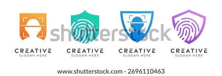 Set of human identity shield logo design templates. Modern isolated shield with fingerprint and face ID design for technology, identity verification and biometric security.