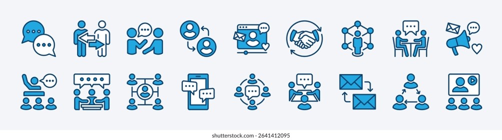 Set of human interaction icon vector. Contains conversation, speech bubble, communication, sharing, people connect, collaboration, connectivity, social media, meeting, dialogue, message. Illustration