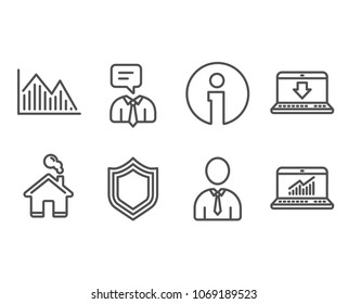 Set of Human, Investment graph and Support service icons. Internet downloading, Security and Online statistics signs. Person profile, Investment infochart, Human talking. Vector