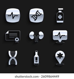 Set Human kidneys, Digital thermometer, Location hospital, Heart rate, DNA symbol, Certificate template, Antibacterial soap and  icon. Vector