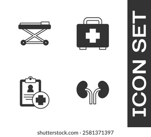 Set Human kidneys, Stretcher, Patient record and First aid kit icon. Vector