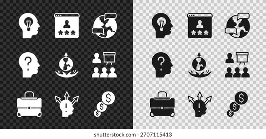 Definir humano com lâmpada, classificação de produto do cliente, mundial, pasta, base da equipe do projeto, crescimento financeiro e dólar, ponto de interrogação principal e ícone de expansão. Vetor