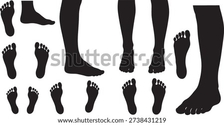 Set of human leg and foot silhouettes in black solid style. Vector collection of footprints side profiles and standing leg positions for anatomy medical health and fitness graphic design elements.