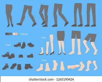 Set of human legs foots shoes different gestures collection for design, animation,Palm and finger draw icons, skin on blue background, flat style cartoon vector illustration.