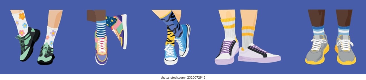 Set of human legs in stylish shoes and socks on blue background