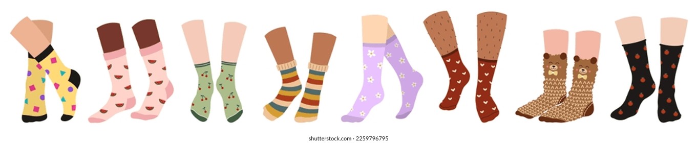 Set of human legs with stylish socks on white background