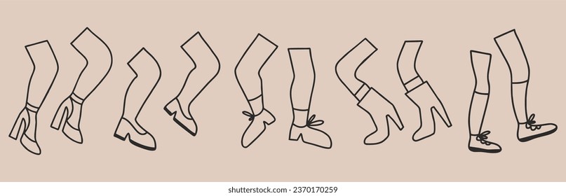 Set of human legs in various fashionable shoes, set of stickers, line drawing, outline. Style, street fashion. Hand-drawn cartoon. Template for sales, poster, print.