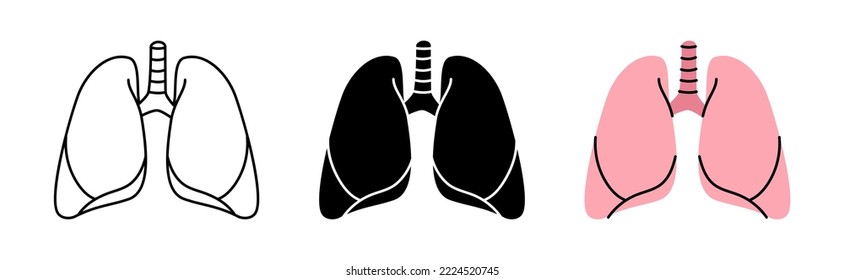 Set of human lungs symbols. Human lungs icons in color, black and thin line style. Vector illustration. Human organ icons