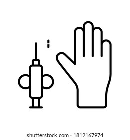 Set für menschliches Mikrochippen. Kunstsymbol der Spritze, Hand, Körperchip-Implantat. Schwarze, einfache Illustration der Identifikation. Contour einzeln auf weißem Hintergrund