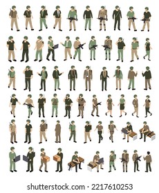 A Set Of Human Military Soldiers Army Camouflage People Ammunition Veteran Person War Military For Design And Video Games. Isometric Vector Illustration.
