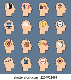 Set Of Human Mindsets Icon And Illustration.  Vector Of Positive, Negative, Solution Provider, Growth, Lazy, Strategic, Workaholic, Goal Mindset And Others