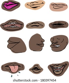 Set of human mouths in various expressions on isolated background