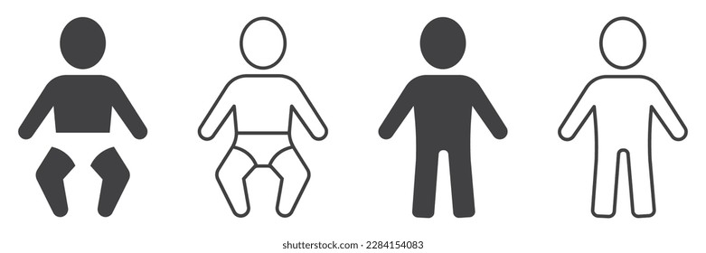 Set of human newborn baby icons. Baby with diaper, vector human baby.