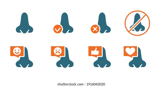 Set of human nose colored icon. Healthy olfactor organ, nose and paranasal sinuses, diagnosis, treatment symbol