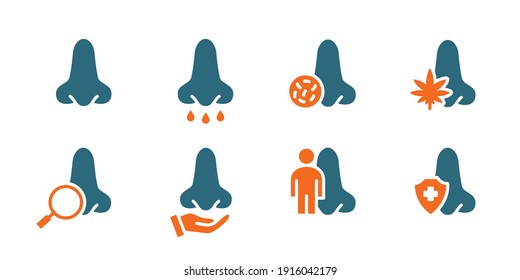 Set of human nose colored icon. Healthy olfactor organ, diseases of nose and paranasal sinuses, diagnosis, treatment symbol