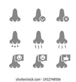 Set of human nose grey icon. Healthy olfactor organ, diseases of nose and paranasal sinuses, smells, treatment symbol