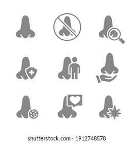 Set of human nose grey icon. Healthy olfactor organ, nose and paranasal sinuses, diagnosis, treatment symbol