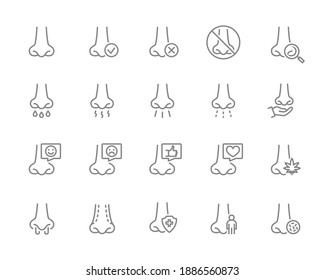 Set of human nose line icon. Healthy olfactor organ, disease of paranasal sinuses, diagnosis, treatment and more.