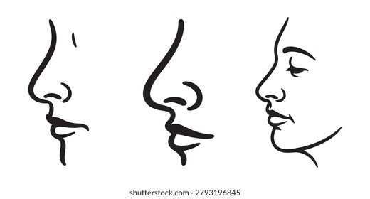 Set of Human Nose Profiles and Face Silhouettes in Minimalist Line Art Style.