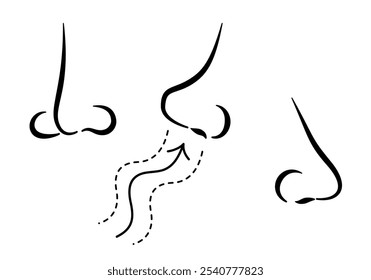 Set of human nose and wind in outline hand drawing.