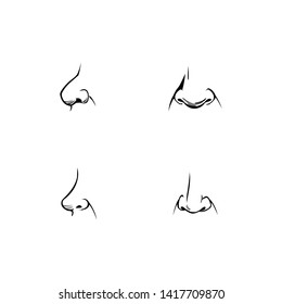 Set of human noses of different shapes and angles. Icons, part of the face in profile, frontal in the comics style. Nostrils, nasal bridge and nasolabial folds. Tactile organ. Vector elements