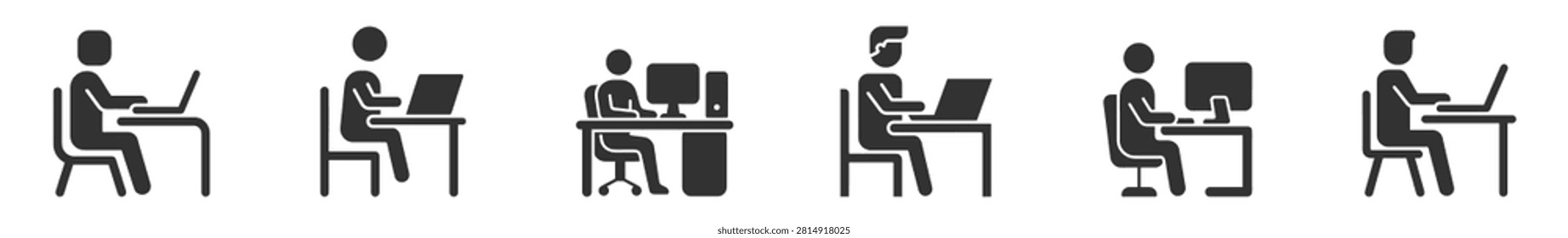set of human office worker icons sitting at desks with laptops and desktop computers on transparent background