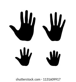 Set of human open palm hands. Man, woman, teenager and a baby handbreadth icons