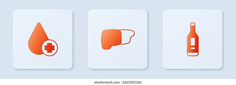Set Human organ liver, Donate drop blood and Digital thermometer. White square button. Vector