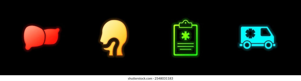 Set Human organ liver, Sore throat, Clinical record and Emergency car icon. Vector