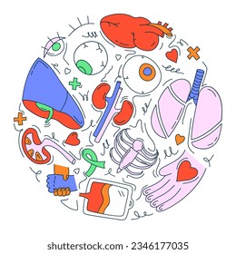 Conjunto de órganos humanos para donación. Ilustración vectorial en estilo plano doodle.