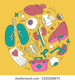 Un conjunto de órganos humanos, que representan los pulmones, el corazón, el hígado, los riñones y los ojos, destinados a la donación; para afiches científicos, infografías, presentaciones. Ilustración vectorial en estilo plano doodle.