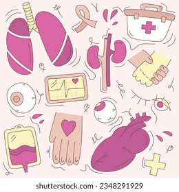 A set of human organs, which depicts the lungs, heart, liver, kidneys, eyes, intended for donation; set for scientific posters, infographics, presentations.