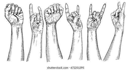 Set of human palm raised up. Collection of girl and man hands in different gestures emotions and signs. Woman and man wrist with Rock and Roll music or Heavy Metal gesture. Vector.