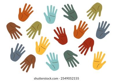 Set of human palms of different colors. Concept of racial diversity. Concept of multiracial friendship, inclusivity, equality. Colorful handprints.