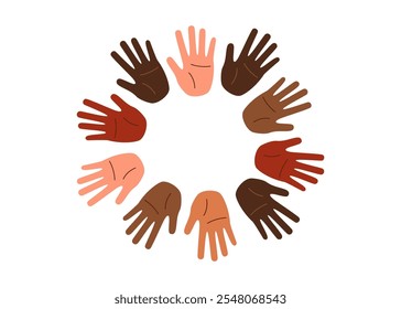  Set of human palms with different skin tones in a circle . Concept of racial diversity. Concept of multiracial friendship, inclusivity, equality.