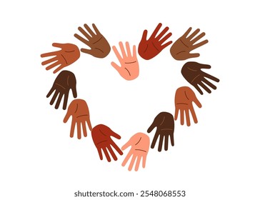  Set of human palms with different skin tones in a shape of heart. Concept of racial diversity. Concept of multiracial friendship, inclusivity, equality.