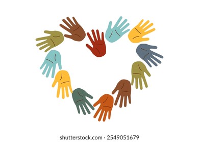 Set of human palms with different skin tones in a shape of heart. Concept of racial diversity. Concept of multiracial friendship, inclusivity, equality.