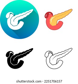 Conjunto de Páncreas Humano y Gallvejiga Endocrina, Sistema Digestivo Médico Humano Icono de Sombra Diagonal Plana Mínima, Silueta, Línea de Arte Aislado en Fondo Blanco