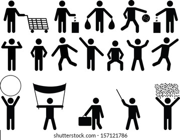 Set of human pictograms with different objects and activity  illustrated on white background 