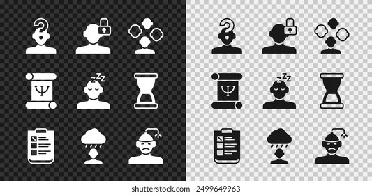 Set Human with question mark, Closed personality, Schizophrenia, Psychological test, Depression and frustration, Concussion, headache, Psychology book and Dreams icon. Vector