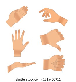 Conjunto de manos humanas realistas mostrando diversos gestos. Brazo abierto mostrando señal y apretón de manos, conjunto de comunicación interactivo