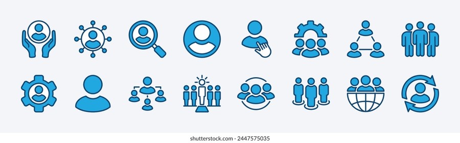 Conjunto de iconos de recursos humanos. Conteniendo liderazgo, personas, empleado, gerente, trabajo en equipo, asociación, reclutamiento, grupo, organización, conexión global y gestión empresarial. Ilustración vectorial