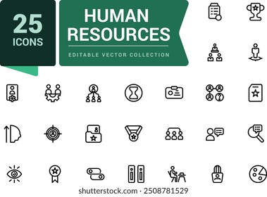 Conjunto de iconos de recursos humanos y gestión. Pixel perfecto, Web minimalista e icono de interfaz de usuario. Colecciones de iconos de esquema. Ilustración vectorial editable.