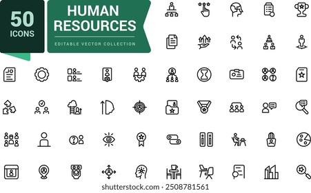 Set of human resource and management icons. Pixel perfect, minimalistic web and UI icon. Outline icon collections. Editable vector illustration.