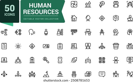 Conjunto de ícones de recursos humanos e gerenciamento. Pixel perfeito, minimalista web e ícone UI. Contornar coleções de ícones. Ilustração vetorial editável.