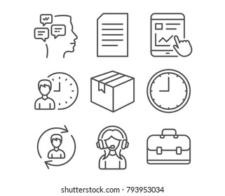 Set of Human resources, Document and Support icons. Messages, Time and Internet report signs. Parcel, Working hours and Portfolio symbols. Update profile, Information file, Call center. Vector