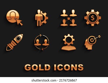 Set Human resources, Gear with dollar symbol, Head hunting concept, gear inside, Rocket ship fire, Project team base, User of business suit and  icon. Vector
