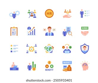 Conjunto de iconos de recursos humanos. Carteles coloridos con el equipo del personal de la oficina, recursos humanos, currículum y vacantes de empleo para la contratación. Elemento de diseño para App. Colección de Ilustración vectorial plana aislada sobre fondo blanco