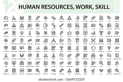 Conjunto de iconos de recursos humanos. iconos de estilo de línea de contratación, gestión de empleados, trabajo conjunto en la oficina, nómina, análisis de recursos humanos y revisiones de rendimiento y más.